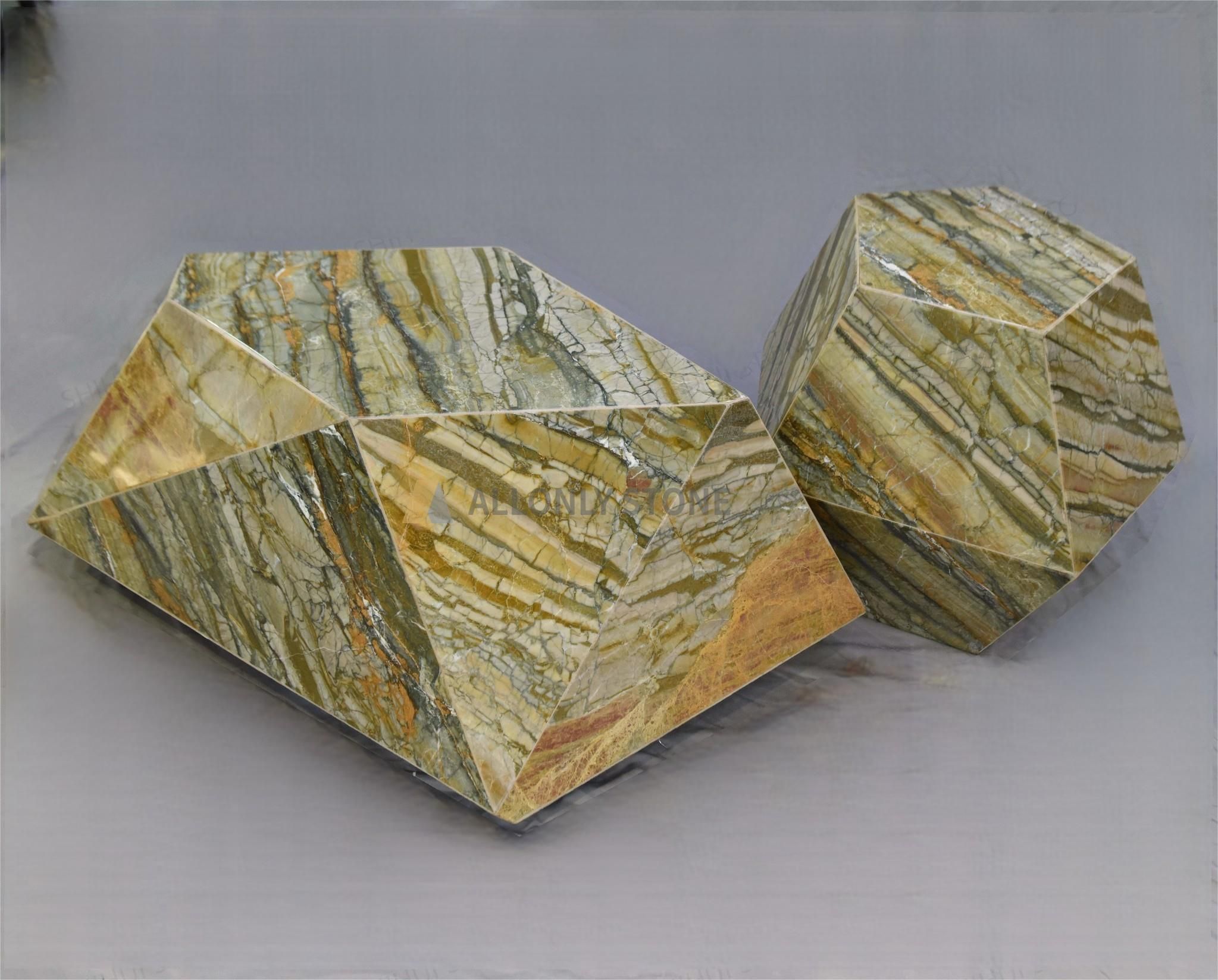 Unique Design 2PCS Coffee Table Diamond Shape Center Table Modern Style Living Room Furniture Green Marble Tea Table