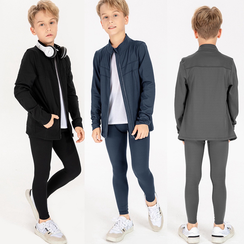 Little Boy′ S Fleece Lined Full Zipper Sporty Jacket Top with Sports Compression Pants Sweatsuit 2 Piece Football Sportswear Set for Outdoor Workout