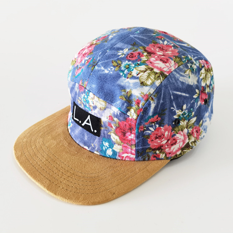 Fashion Floral Cotton and Suede Brim Handmade 5 Panel Flat Bill Camp Leisure Caps and Hats for Women