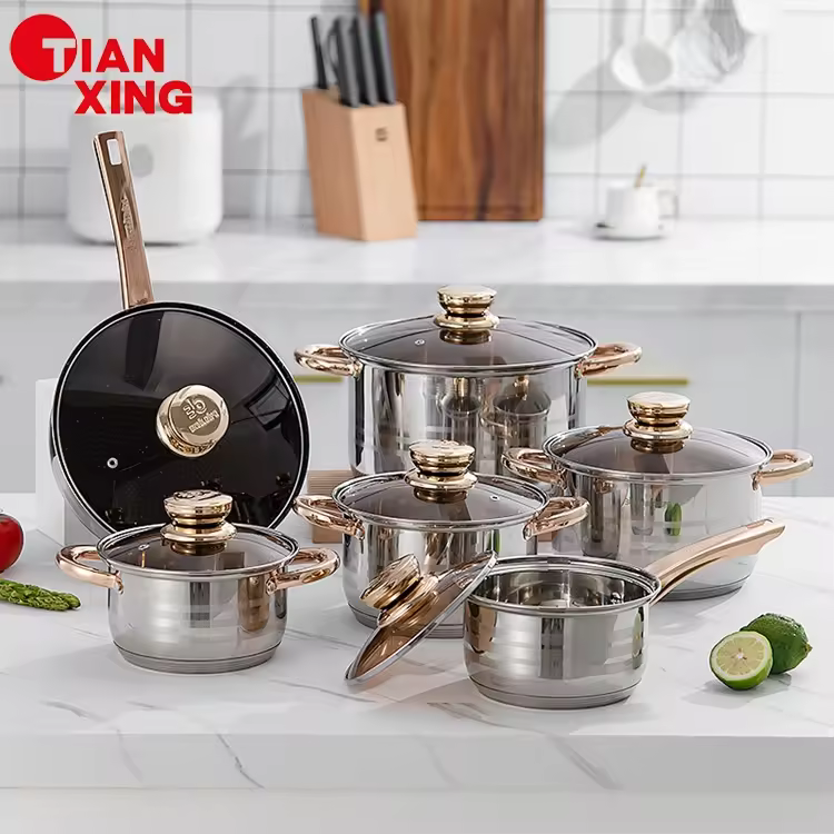 Home And Kitchen Luxury 12 Pieces Stainless Steel Gold Cooking Pot Set Pots And Pans Non-stick Cookware Sets