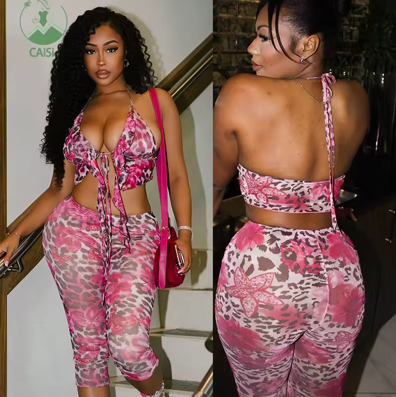 New Women's Summer Two-piece Set Floral Leopard Print Halter Ruffled Top And Shorts 2 Piece Shorts Set Sexy Outfits