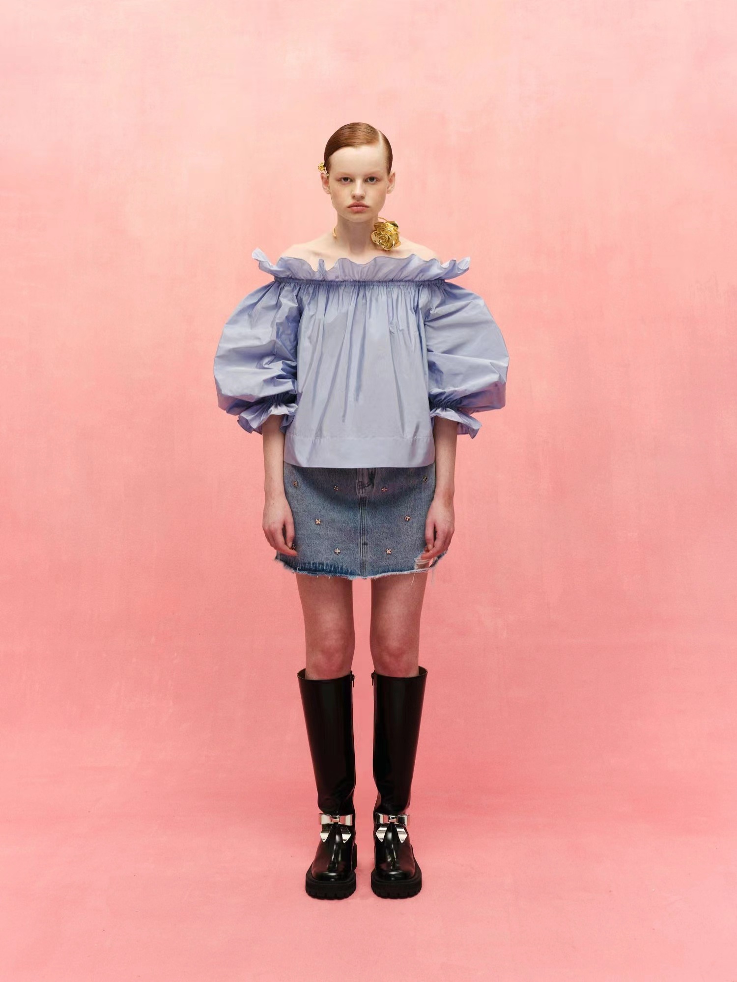 Spring&Summer High Quality Ruffle Cotton off Collar Ladies Blouse