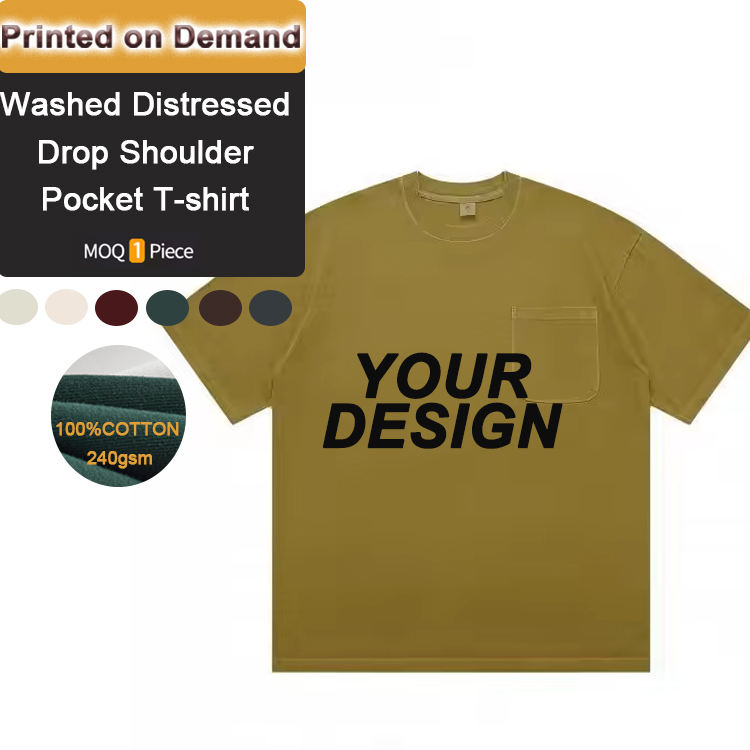 T-shirt Dropshipping Men's Washed T-shirts Hand Distressed Mens Drop Shoulder Pocket Heavyweight T-shirts