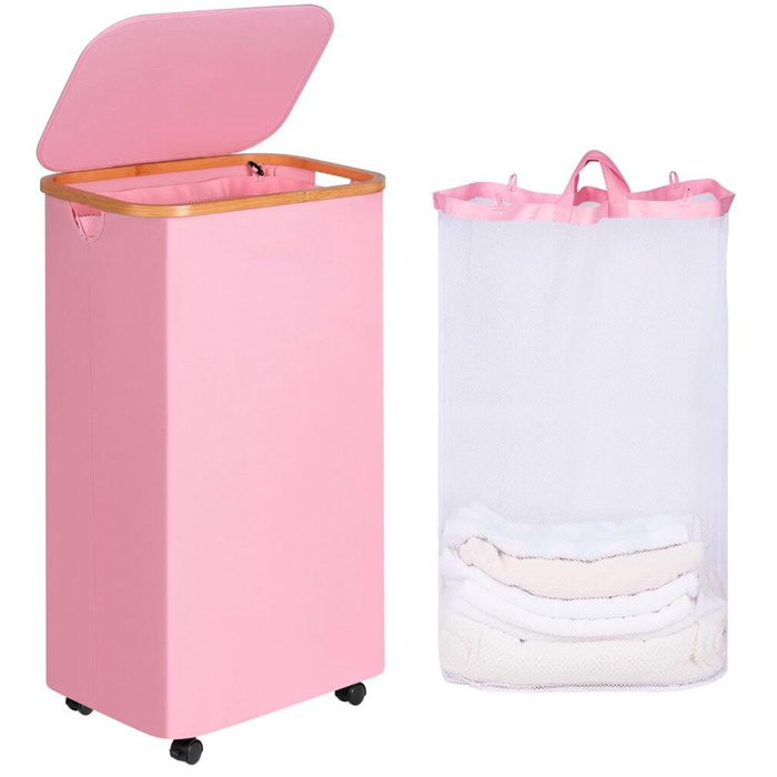 Rolling Laundry Hamper with Wheels Foldable Tall Dirty Clothes Organizer Cart