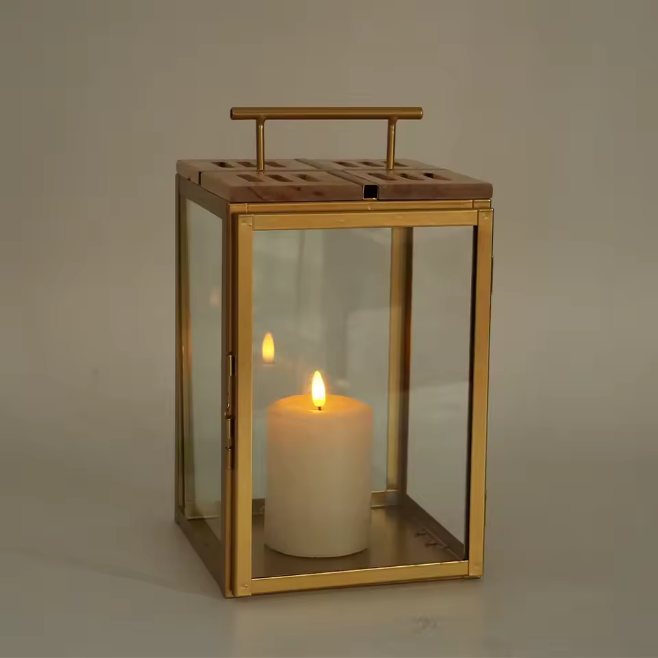 Factory Outlet Outdoor Lantern Golden Decorative Metal Lantern Natural Wood Outdoor Lantern