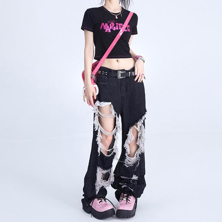 Dark Style Gothic Wide-Leg Pants Hot Girl Ripped Holes Fringe Design Sense Mopping Trousers Loose Jeans Women