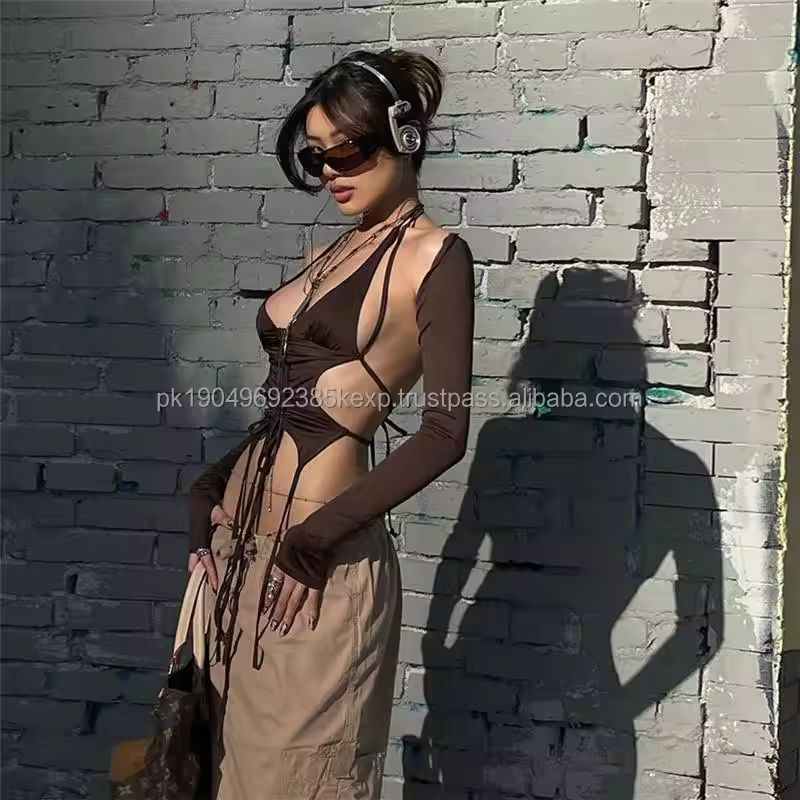 2025 Fashion Punk Solid Color Sleeve Gloves 2 Pc Set Backless Y2k Aesthetic V Neck Bandage Tops Women Hole Button