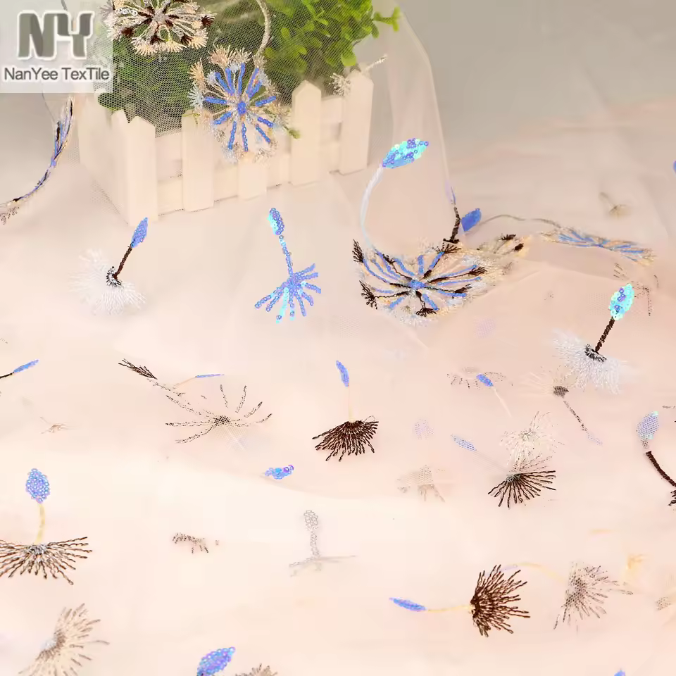 Nanyee Textile Cheap Baby Pink Embroidered Lace With Sequins