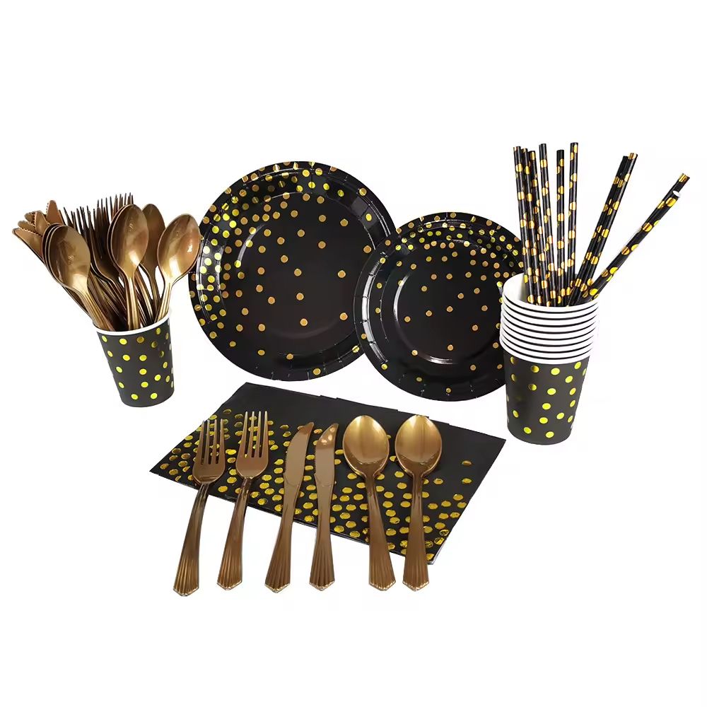 Hot Selling Golden Black DOT Disposable Paper Straw Napkins Plates Dinnerware Set