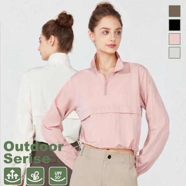 Wholesale Outdoor Athletic Running Yoga Gym Hiking Clothes Zip up Pullover for Women, Upf 50+ Sun Protection Long Sleeve Fishing Shirts with Adjustable Hem