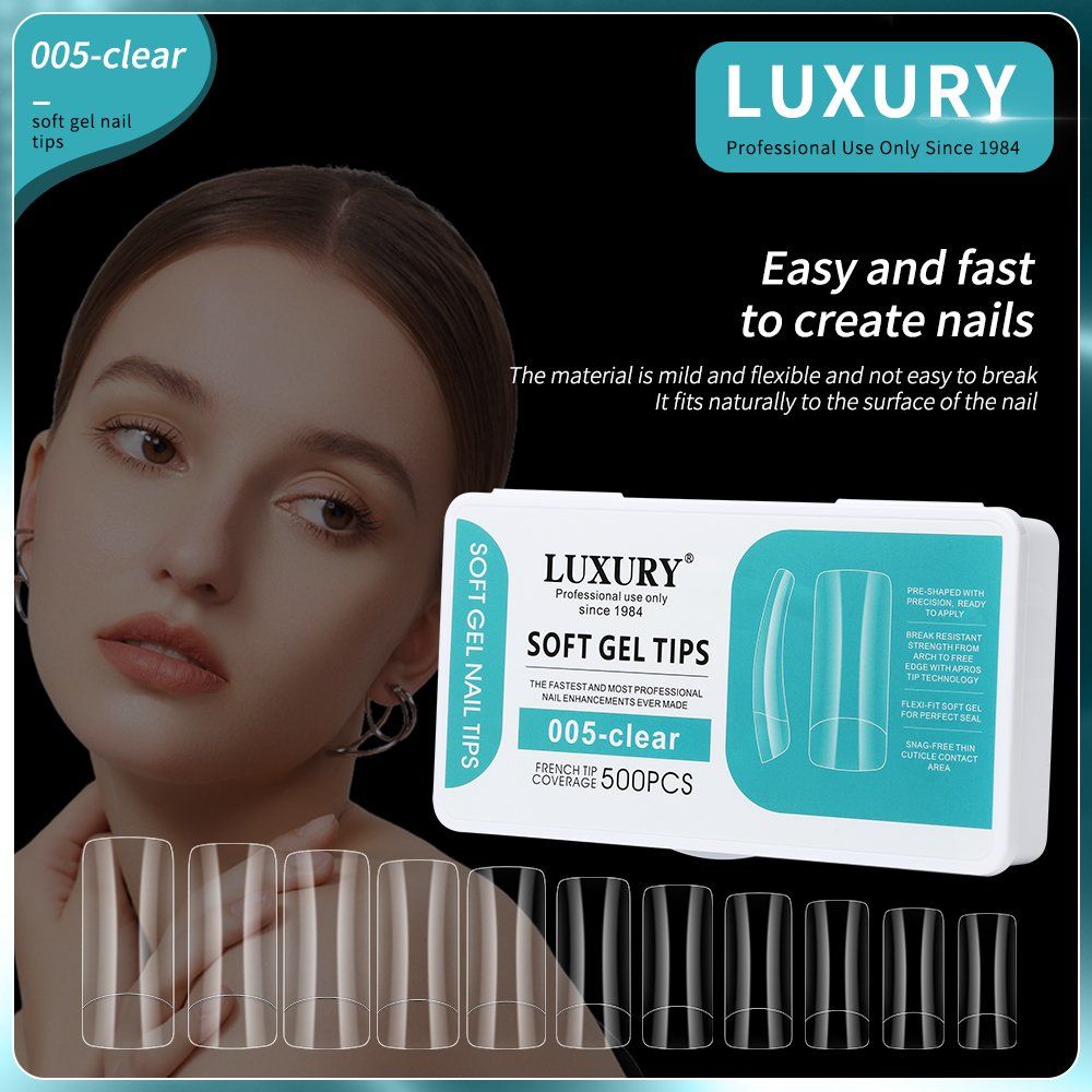 Luxury 500PCS Medium Square Nail Tips Set Clear Soft Gel False Nails Suitable for Women DIY Fake Nails