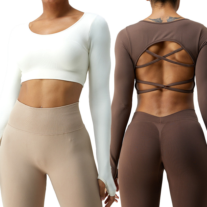 Wholesale Factory New Fast Dry Seamless Long Sleeve Crop Top Yoga Clothes Women's Crossover Beauty Back Yoga Top Sports Fitness Top