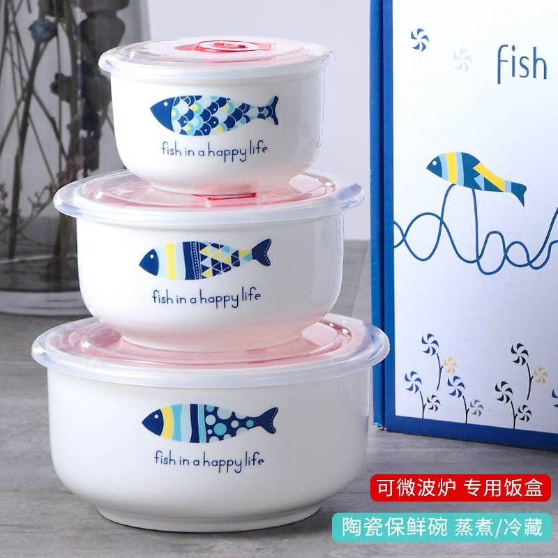 Round 3PCS Porcelain Storage Bowl Set Ceramic Bowls Plastic Cover New Bone China Bowl