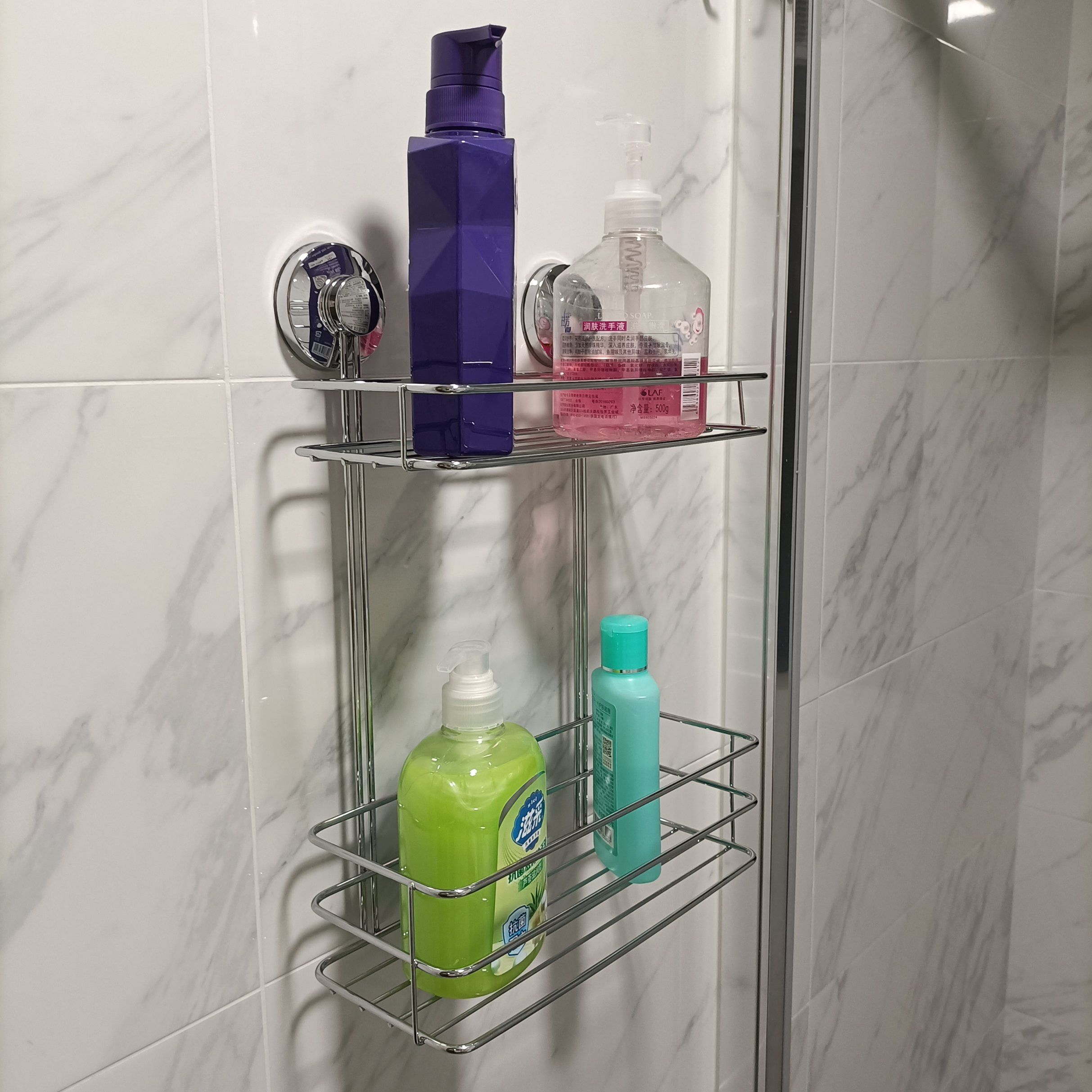New & Original 2 Tier Metal Shower Shelf Chrome Suction Cup Bathroom Rack