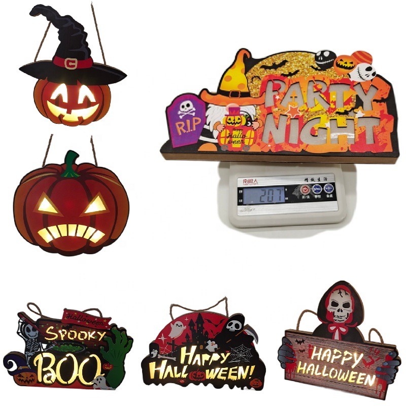 LED Light Halloween Design Wooden Wall Art Painting Home Decor Pumpkin Outdoor Decoration Party Cheap Skeleton