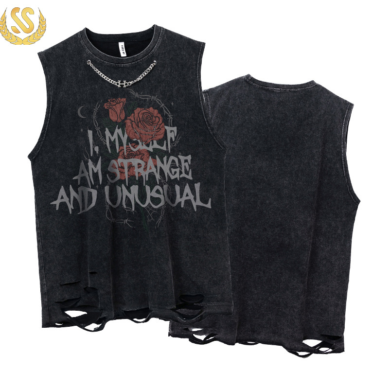 Retro Acid Washed Summer DTG Printing Loose Sleeveless Tank Tops Men T-Shirt