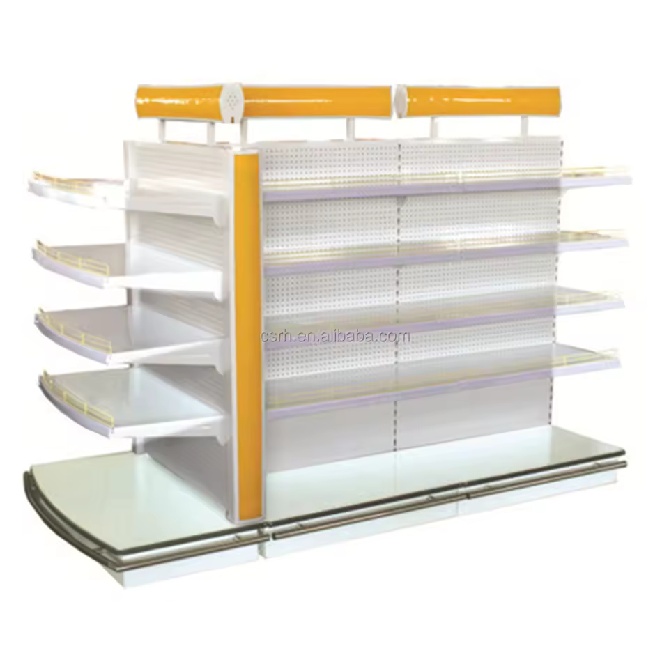 Rh-hsxh04 High Quality Top Glass Shelf Acrylic Light Logo Board Metal Supermarket Cosmetic Shelving