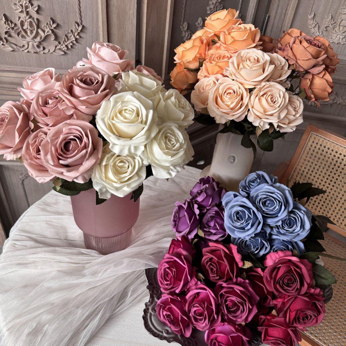 Oil Panit Color Silk Faux Bouquet Rose Flowers Artificial for Home Table Centerpieces Decor