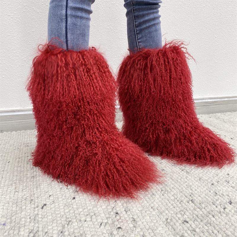 Wholesale Winter Mongolian Real Fur Shoes for Women Custom LOGO Red Sheep Fur for Slippers and Boots