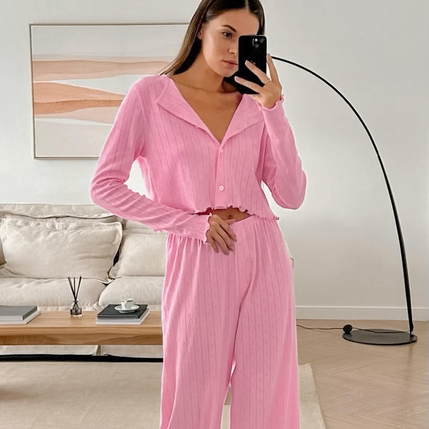 New Spring Summer Jacquard Knitted Pajama Set Comfortable Long-sleeved Trousers Two-piece Night Home Suit One Fits All
