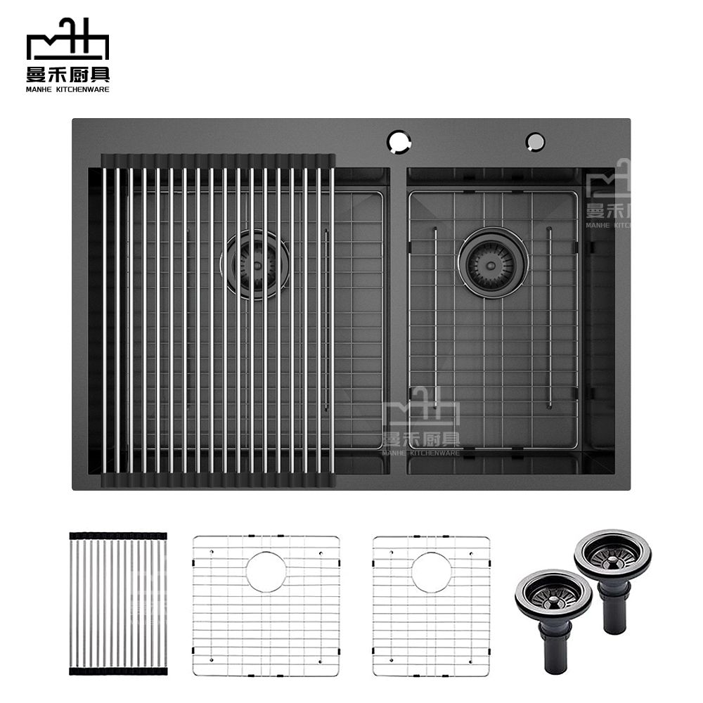 Black R0 Corner 304 Stainless Steel Kitchen Sink Handmade Sink Double Bowl Sink with Drying Rack