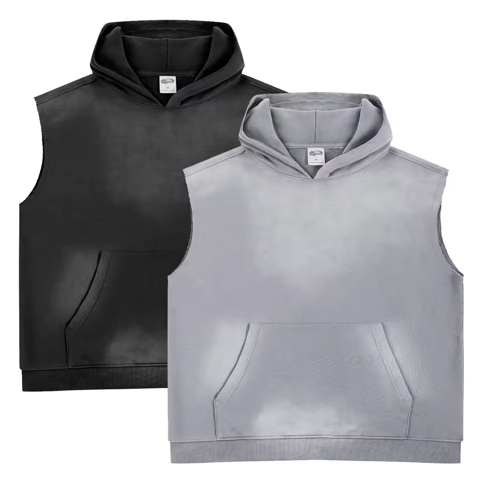 Ready To Ship Sleeveless Vintage Hoodie Vest Sweatshirt 100% Cotton Solid Pattern Frayed Edge Loose Fit For Winter