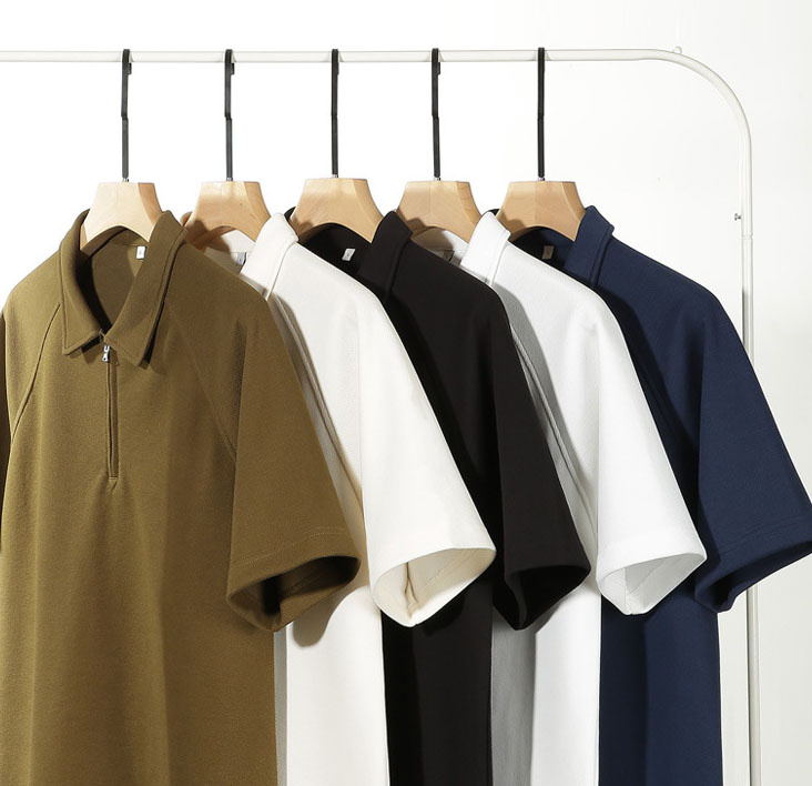 Wholesale Ready Stock Zip up Collar Vintage Promotional Casual Drop Shoulder Short Sleeve Oversized Pique Polo Shirts for Men