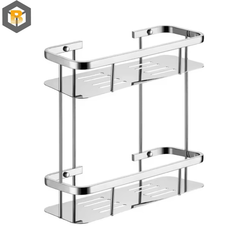 Modern 304 Stainless Steel 2 Tier Wall-Mounted Shower Storage Shelf Corner Metal Kitchen Bathroom Shelves