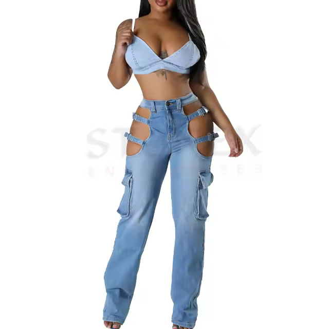 Hot Sale Streetwear Denim Two Piece Jeans And Top Set Wholesale Price Low Moq High Quality Denim Cotton Set