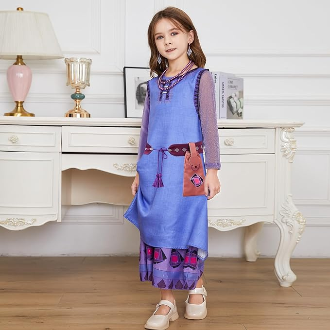 Wish Asha Dress Princess Asha Costume for Girls 3-12 Dress up Set with Belt, Pouch, Necklace and Earrings