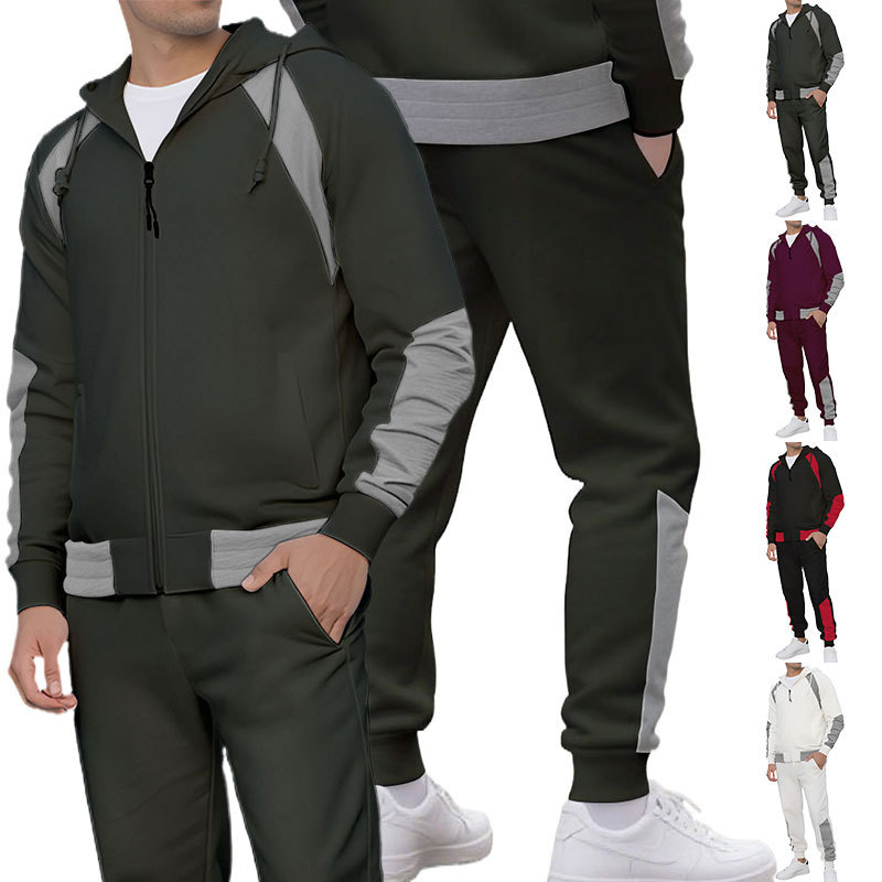 Casual Sporty Men's Zipper Pullover Hoodie Two-Piece Set with Patchwork Contrasting Colors