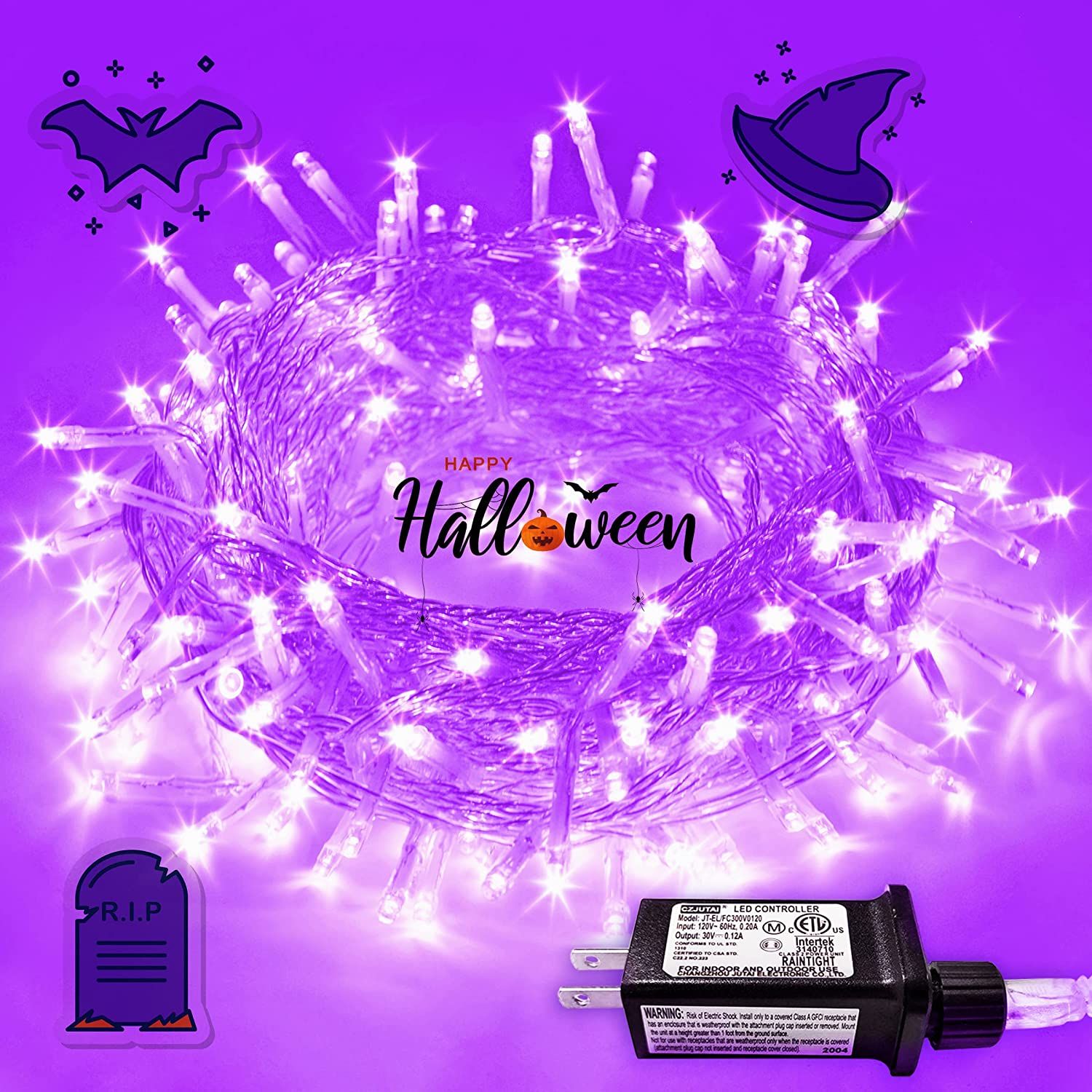 LED Halloween Purple String Lights Clear Wire, 8 Modes Fairy String Lights Plug in for Halloween Christmas Decor