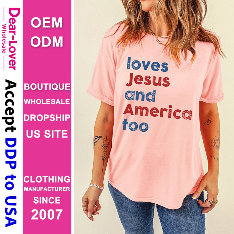 Dear-Lover Wholesale Dropshipping Boutique Clothing Women Manufacturers Pink Loves Jesus and America Too Vintage Letter Graphic Tee