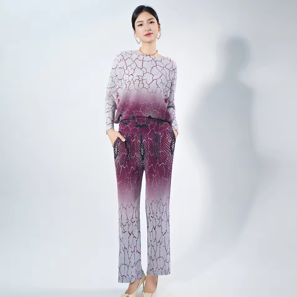 Women's Summer Fashion Geometric Print Long Sleeve Set Femme Casual Sporty 2pcs Set Pleated Tops Pants Set