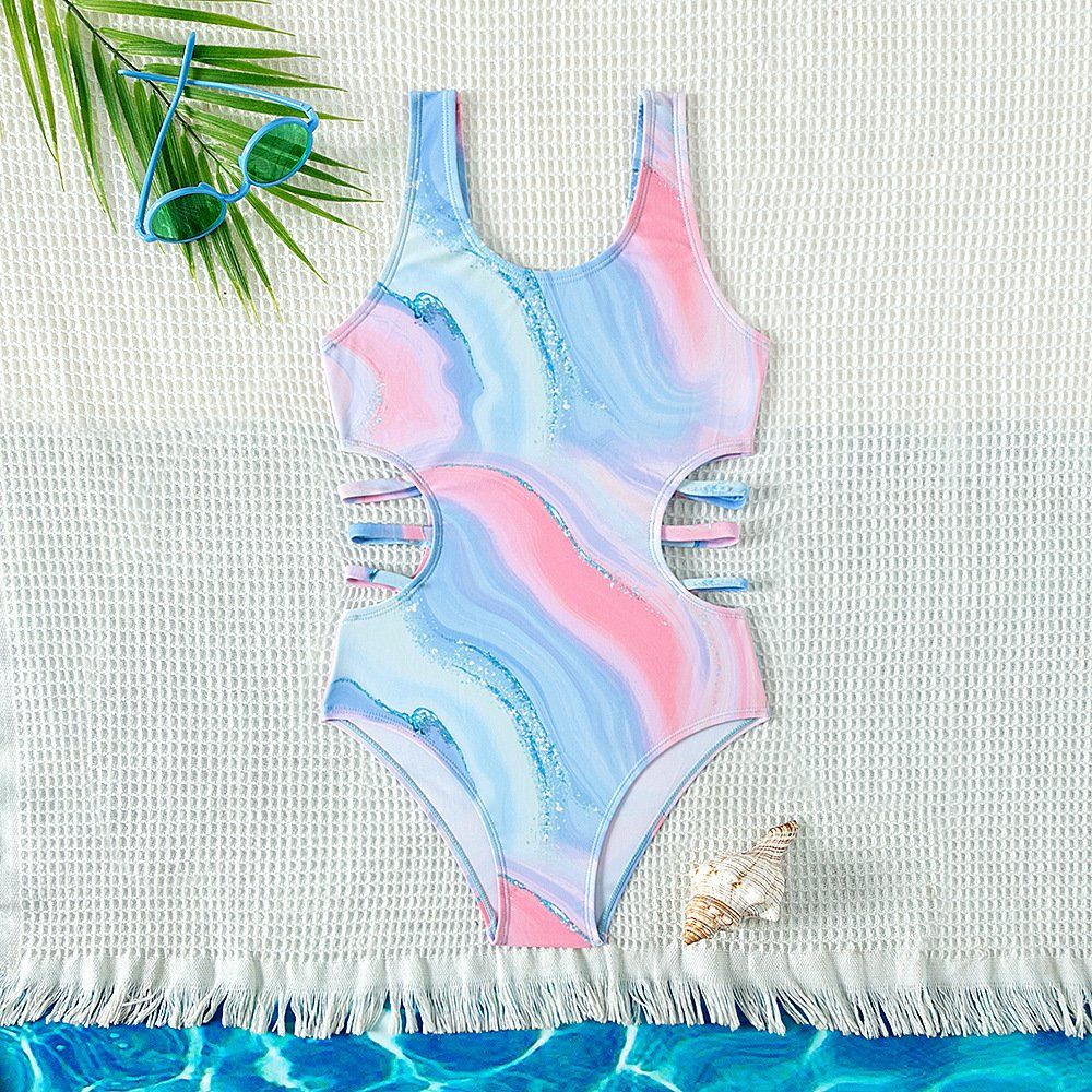 Girl's Tie Dye Cut out Waist One Piece Swimwear