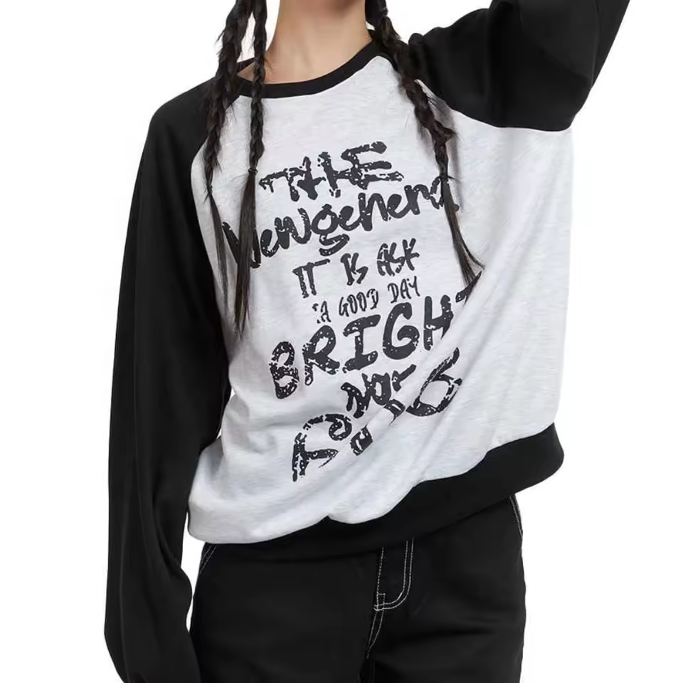 Full Sleeve Black Grey Raglan Typography Printed Women's Sweatshirts Oversized Loose Fit Custom Logo Design Sweatshirt