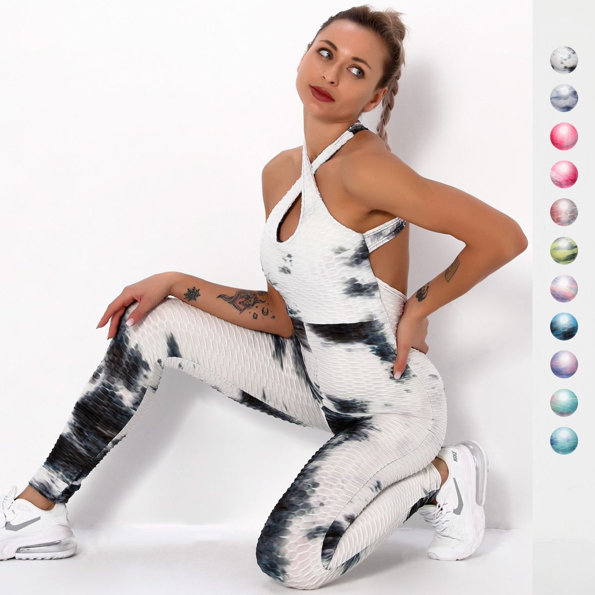 Sexy Cross Tie Dye Beautiful Back Yoga Suit Female Fitness Sports Bubble Multicolor Jumpsuit