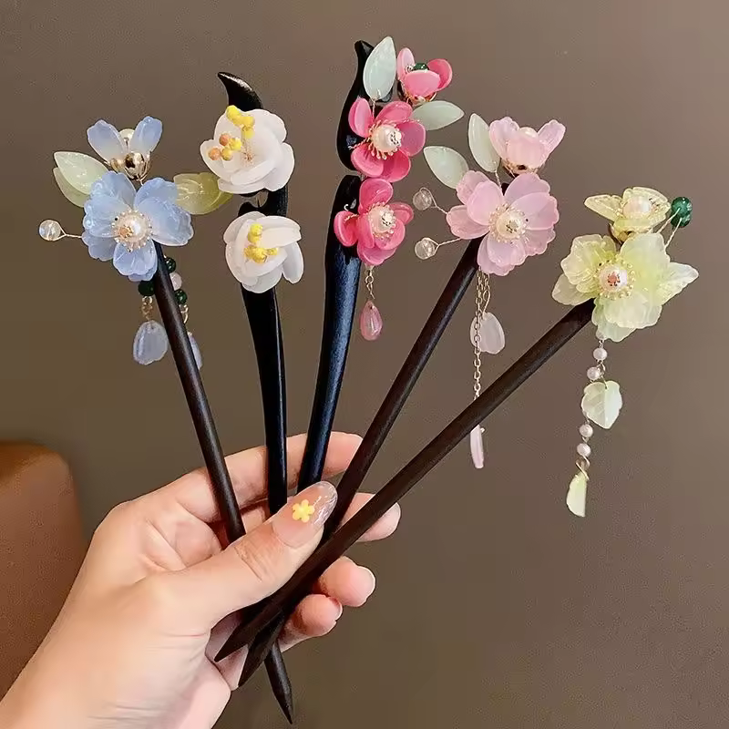 Luxury Tassel Flower Hair Sticks Women Wood Style Fashion Hairpin New Disk Hair Accessory