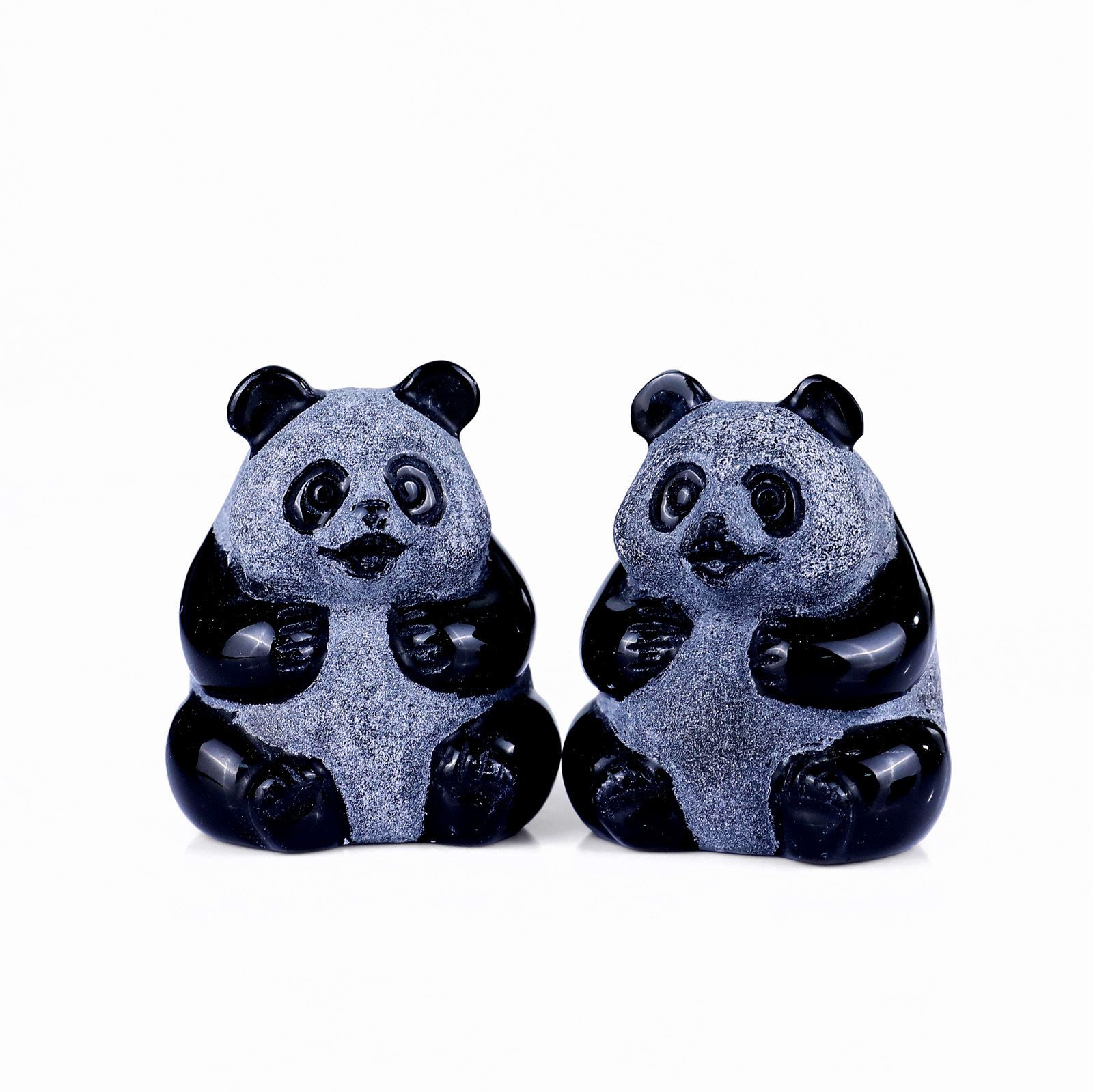 Frosted Black Obsidian Sitting Panda Figurine Hand Crafted Natural Crystal Mini Sculpture