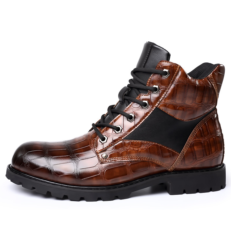 Luxury Male Leisure Design Crocodile Leather Dress Casual Shoes Medium Top Plus Size Retro Ankle American Men's Martin Boots