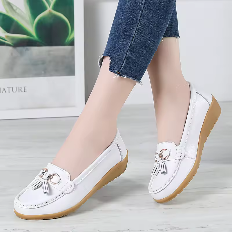 Summer Hollow Women's Genuine Leather Slip-on Flats New Single-layer Soft Loafers Wedge Hole For Autumn For Middle-aged Elderly