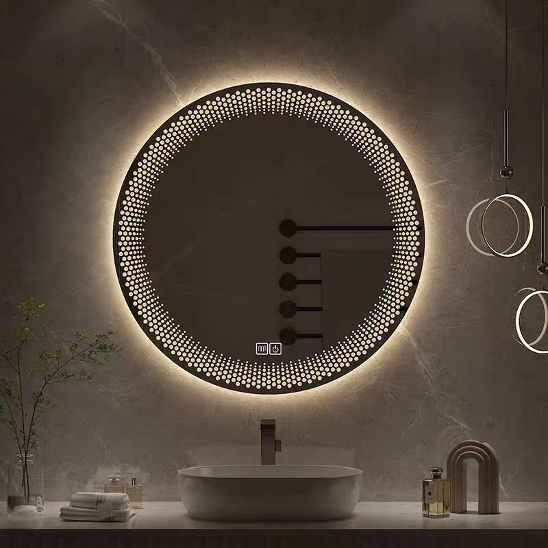 Hotel Room Home Bathroom Wall Decor Lighted Mirror Makeup Dressing Salon Smart Vanity Furniture Decoration LED Mirror with Anti-Fog Bluetooth and Digital Clock