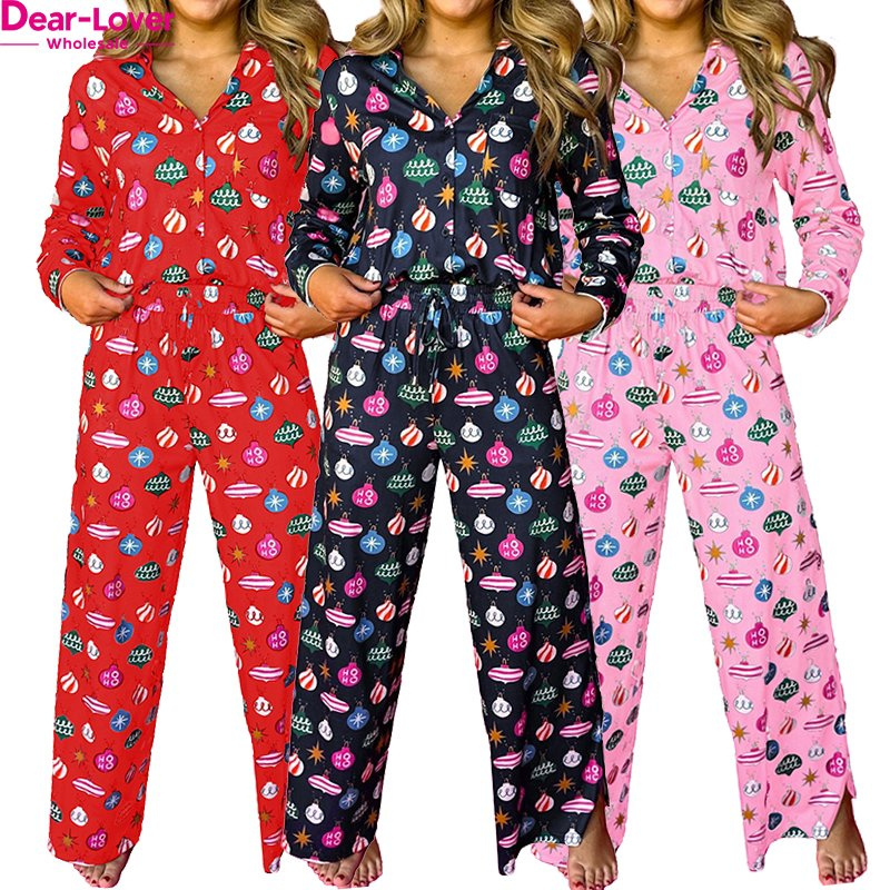 Dear-Lover Wholesale Loungewear Sets Christmas Colorful Christmas Lights Print Shirt and Pants Ladies Pyjamas Set