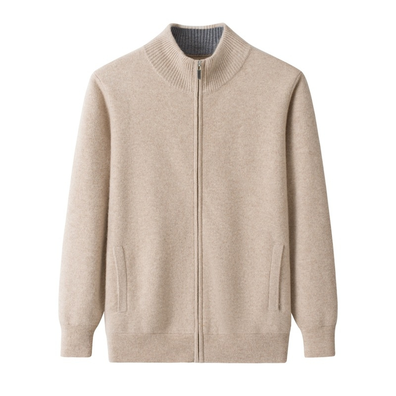 Premium Cashmere Knitted Men's Fashion Contrast Neck Colour Zipper Cardigan
