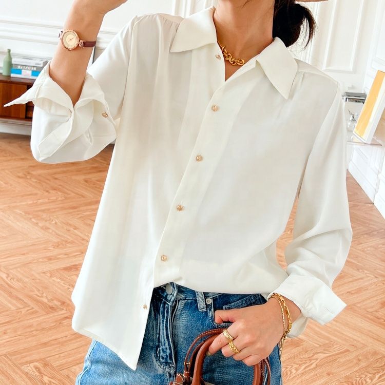 High Quality Wholesale Summer Daily Women Long Sleeve Ladies Shirt Fashion Modern Solid White Buttons up Women Blouse