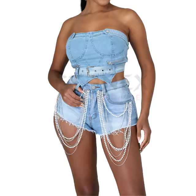 Hot Sale Streetwear Denim Two Piece Skirt Decorated With Pearls Women Short And Mini Skirt Set Wholesale Price Low Moq