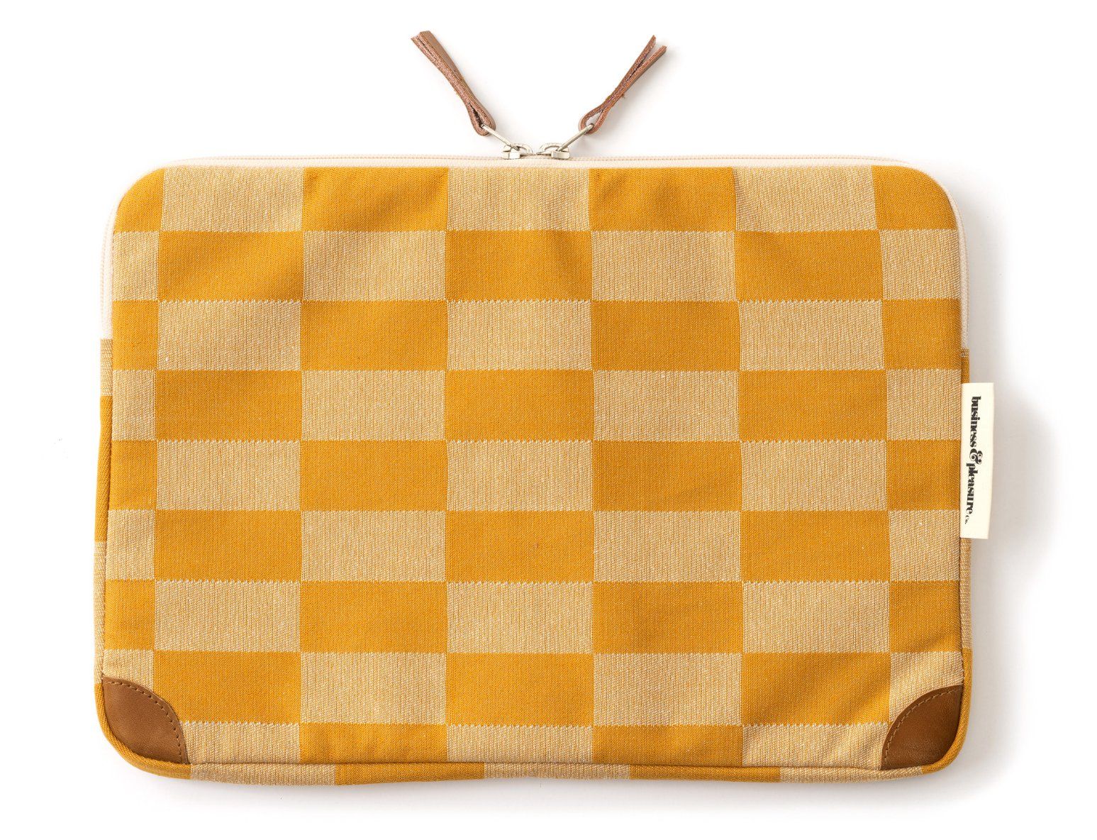 Mustard - Beige Checkered Laptop Sleeve with Leather Accents
