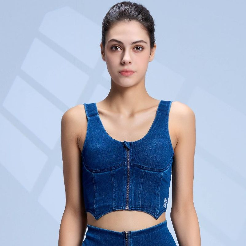 OEM New Style Premium Denim Activewear U-Back Fitness Bra with Zippe