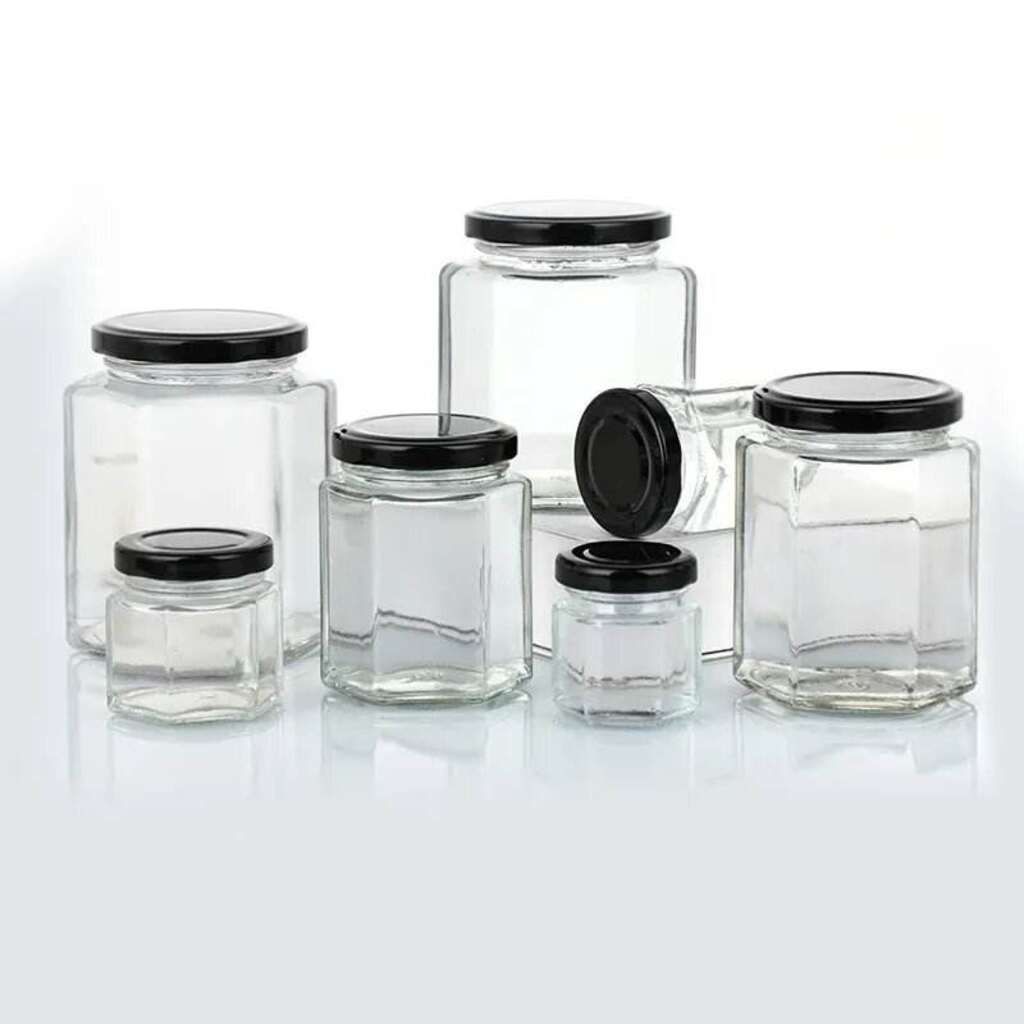 Small Full Size Clear Bottle Jars with Lids Hexagon Glass Storage Jar for Tea Canister Honey Pickle Spice Jam Jelly
