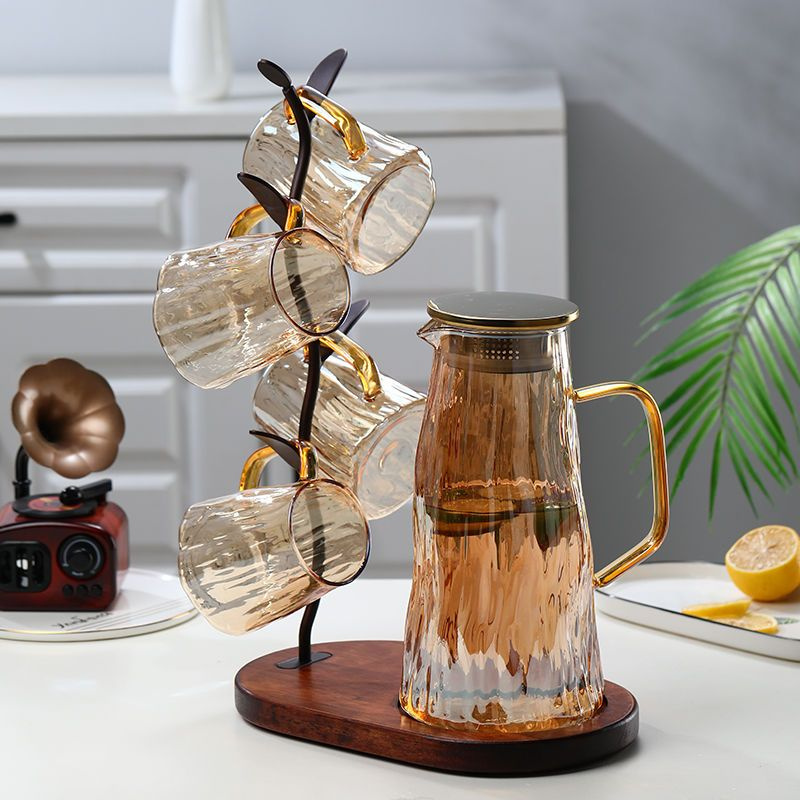 1000ml Round Shape Borosilicate Glass Water Tea Glass Kettle Jug with Bamboo